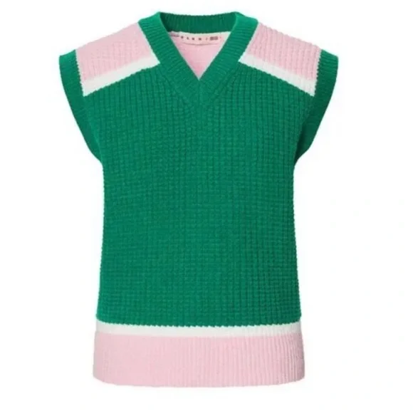 Marni x Uniqlo, Green Pink Wool Blend Waffle Knit Chunky Sweater Vest,Sz. Small - Picture 2 of 4